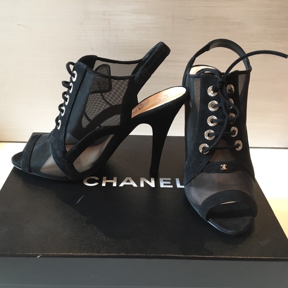 CHANEL Black Mesh Lace-Up Open-Toe Heels - Picture 4 of 8